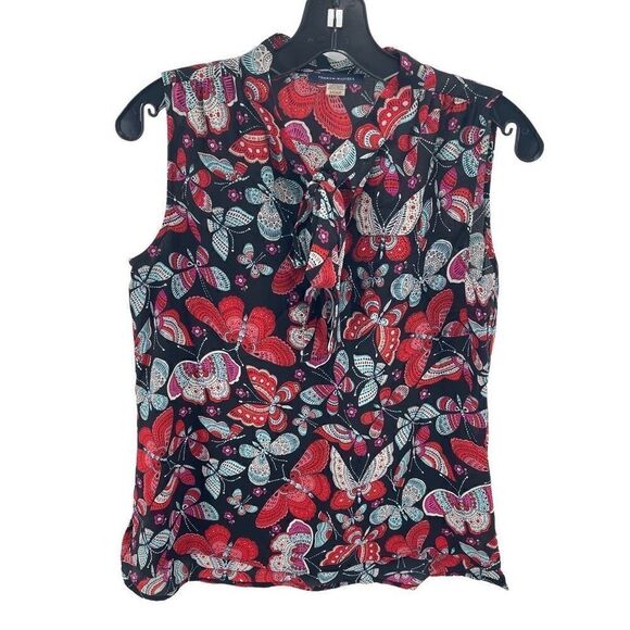 Tommy Hilfiger Womens Butterfly Blouse Top Sleeveless Tie Neck Red Black Small - Picture 8 of 9